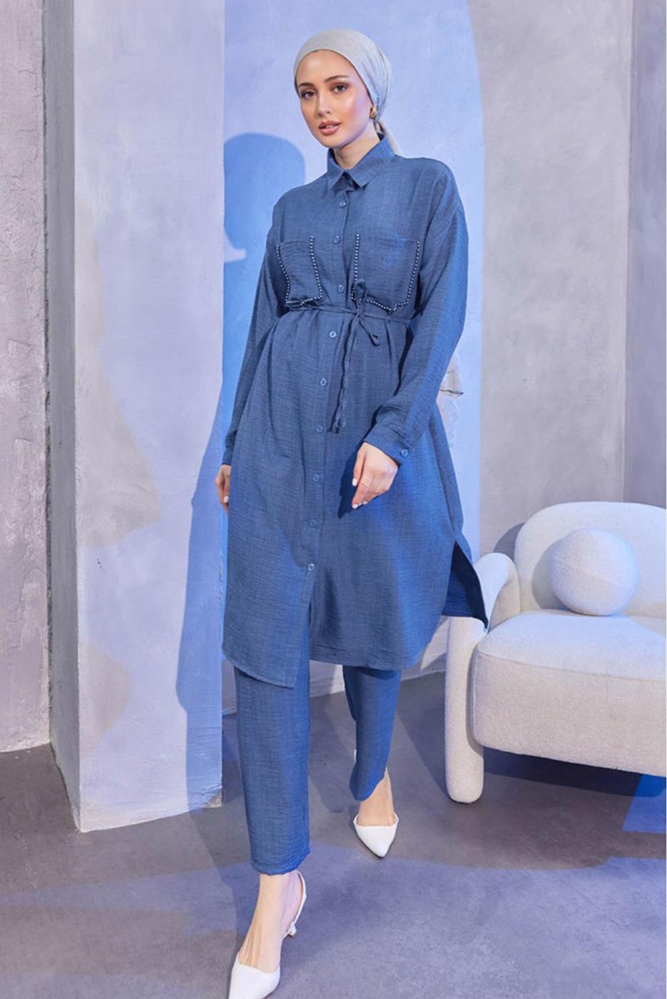 Tesettür giyim LACİVERT KETEN GÖRÜNÜMLÜ PANTOLONLU TAKIM T 5304