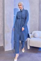 Tesettür giyim LACİVERT KETEN GÖRÜNÜMLÜ PANTOLONLU TAKIM T 5304