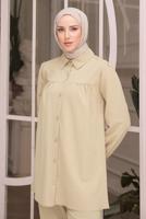 Tesettür giyim BEJ GÖMLEK YAKA PANTOLONLU TAKIM T 5871
