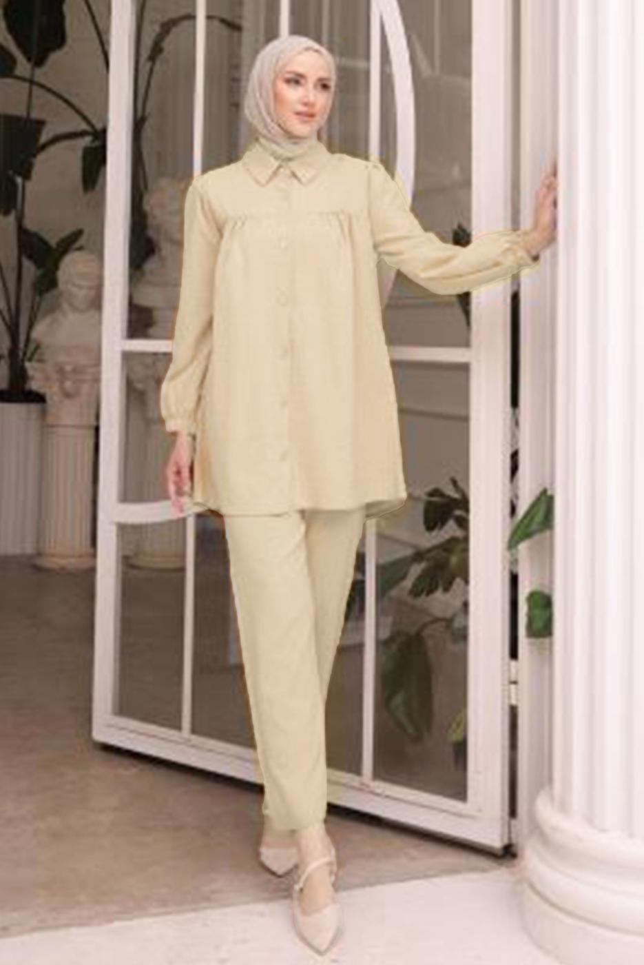 Tesettür giyim BEJ GÖMLEK YAKA PANTOLONLU TAKIM T 5871
