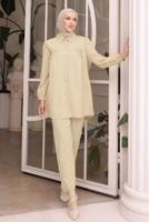 Tesettür giyim BEJ GÖMLEK YAKA PANTOLONLU TAKIM T 5871