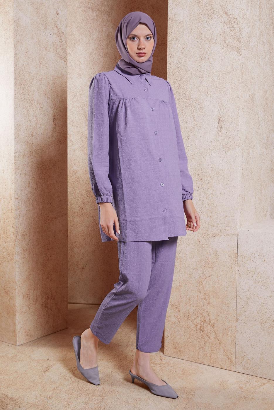 Tesettür giyim MOR GÖMLEK YAKA PANTOLONLU TAKIM T 5871