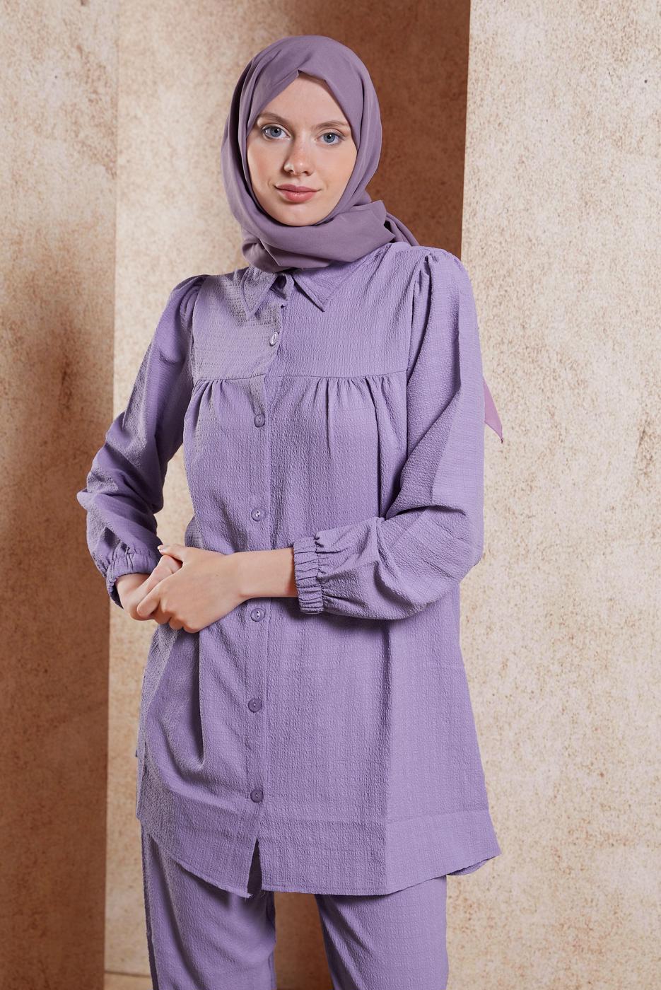 Tesettür giyim MOR GÖMLEK YAKA PANTOLONLU TAKIM T 5871