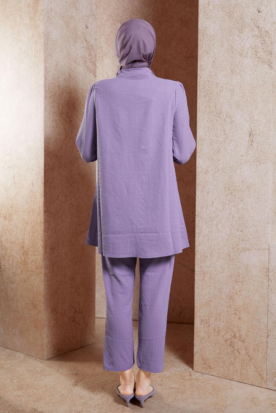Tesettür giyim MOR GÖMLEK YAKA PANTOLONLU TAKIM T 5871