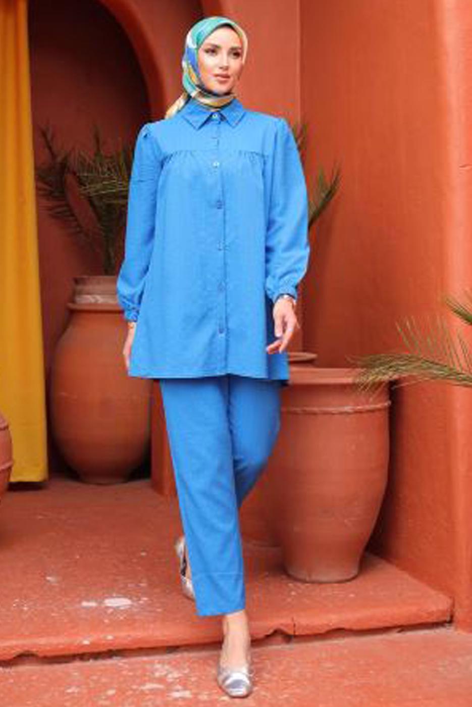 Tesettür giyim LACİVERT GÖMLEK YAKA PANTOLONLU TAKIM T 5871