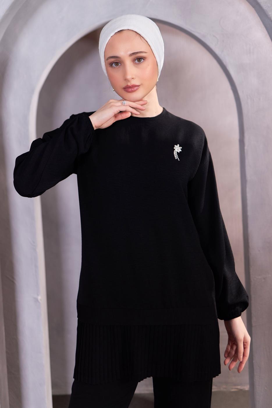 Tesettür giyim SİYAH BROŞ DETAYLI PANTOLONLU TAKIM T 5983