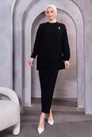Tesettür giyim SİYAH BROŞ DETAYLI PANTOLONLU TAKIM T 5983