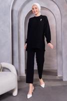 Tesettür giyim SİYAH BROŞ DETAYLI PANTOLONLU TAKIM T 5983