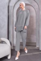 Tesettür giyim GRİ BROŞ DETAYLI PANTOLONLU TAKIM T 5983