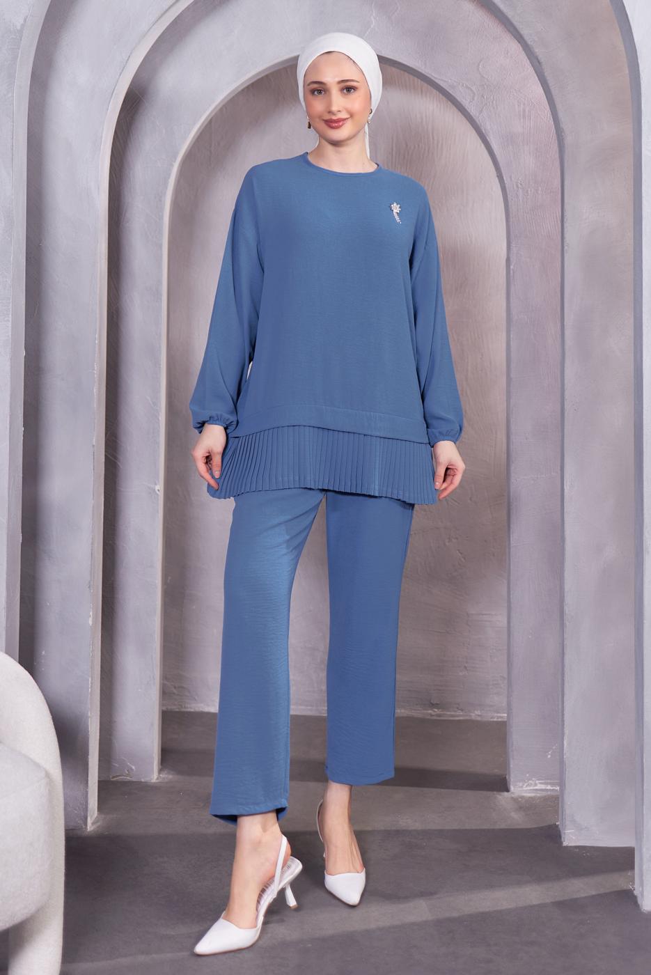 Tesettür giyim LACİVERT BROŞ DETAYLI PANTOLONLU TAKIM T 5983