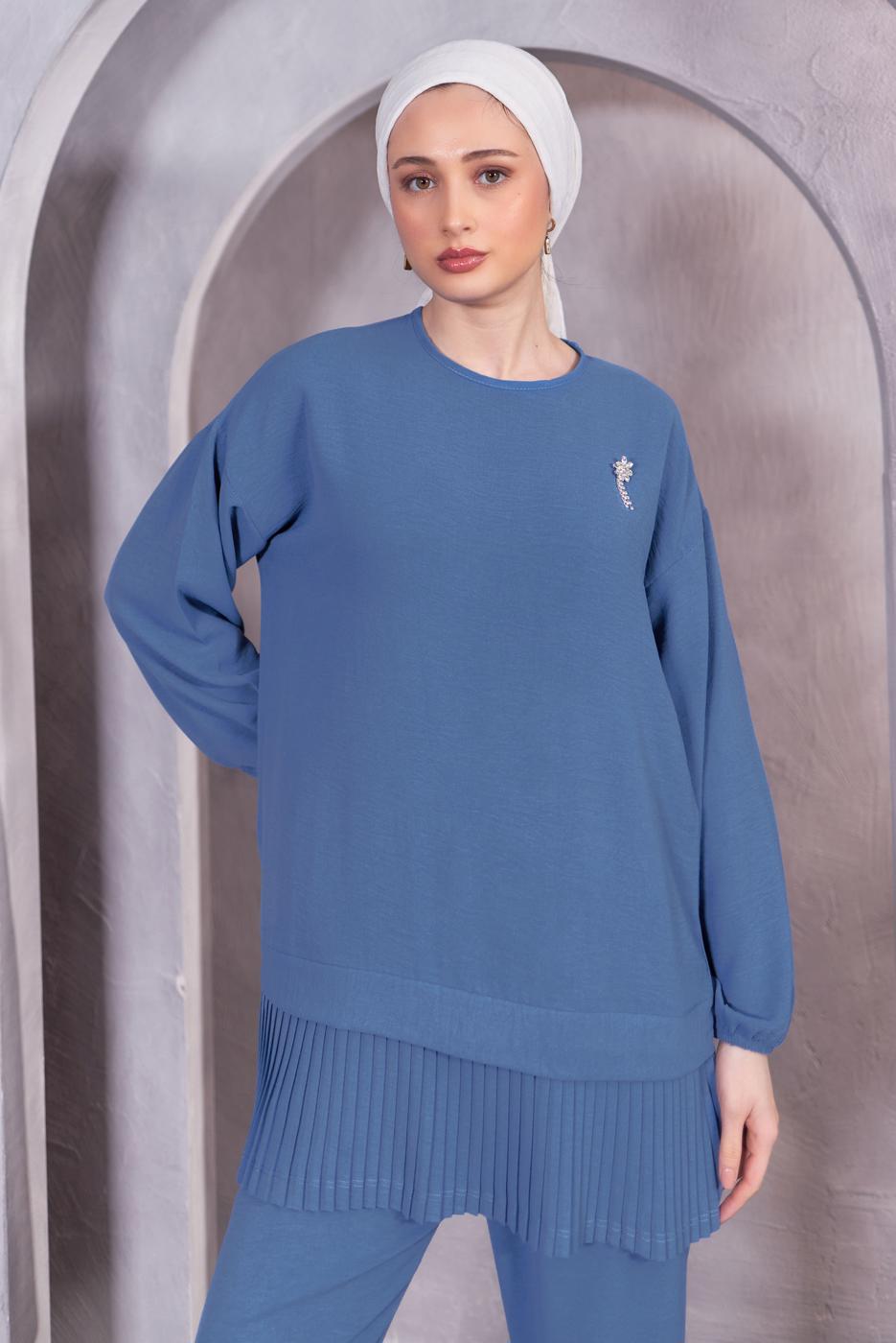 Tesettür giyim LACİVERT BROŞ DETAYLI PANTOLONLU TAKIM T 5983