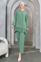 Tesettür giyim YEŞİL BROŞ DETAYLI PANTOLONLU TAKIM T 5983