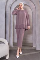 Tesettür giyim PEMBE BROŞ DETAYLI PANTOLONLU TAKIM T 5983
