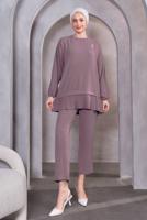 Tesettür giyim PEMBE BROŞ DETAYLI PANTOLONLU TAKIM T 5983