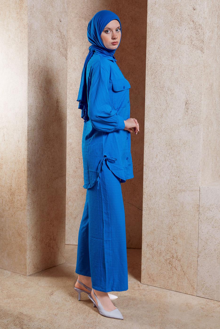 Tesettür giyim MAVİ GÖMLEK YAKA PANTOLONLU TAKIM T 5991