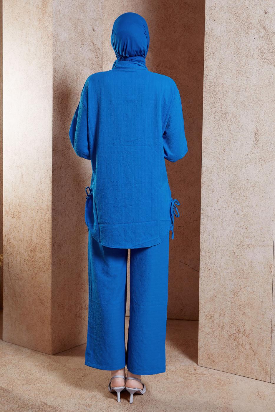 Tesettür giyim MAVİ GÖMLEK YAKA PANTOLONLU TAKIM T 5991