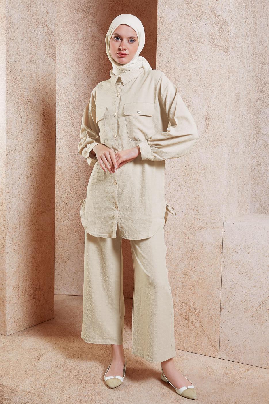 Tesettür giyim BEJ GÖMLEK YAKA PANTOLONLU TAKIM T 5991