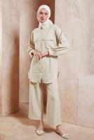 Tesettür giyim BEJ GÖMLEK YAKA PANTOLONLU TAKIM T 5991