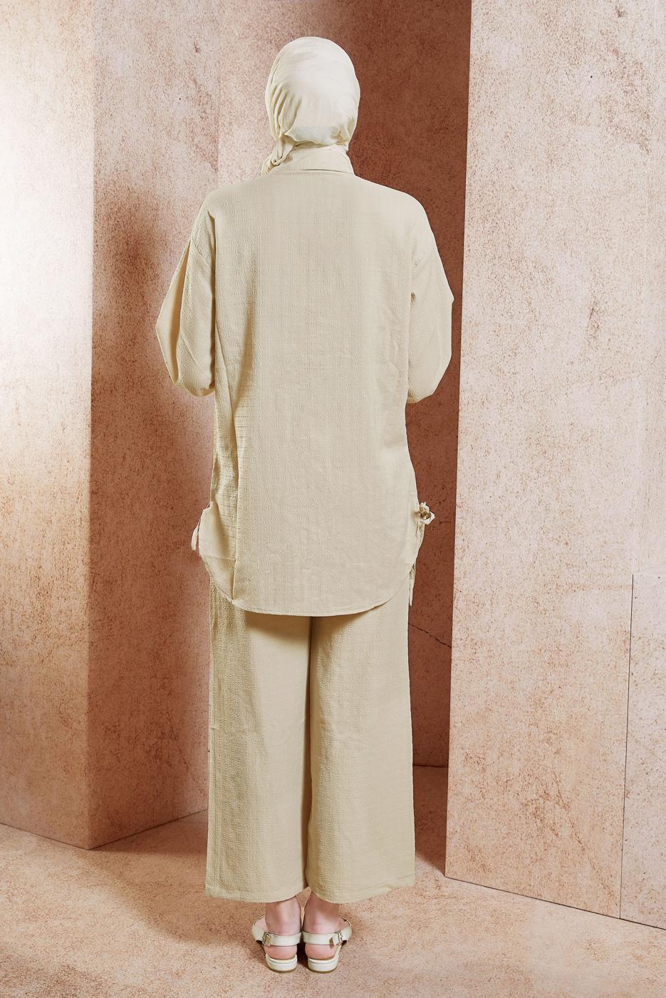 Tesettür giyim BEJ GÖMLEK YAKA PANTOLONLU TAKIM T 5991