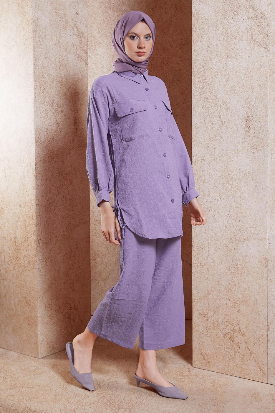 Tesettür giyim MOR GÖMLEK YAKA PANTOLONLU TAKIM T 5991