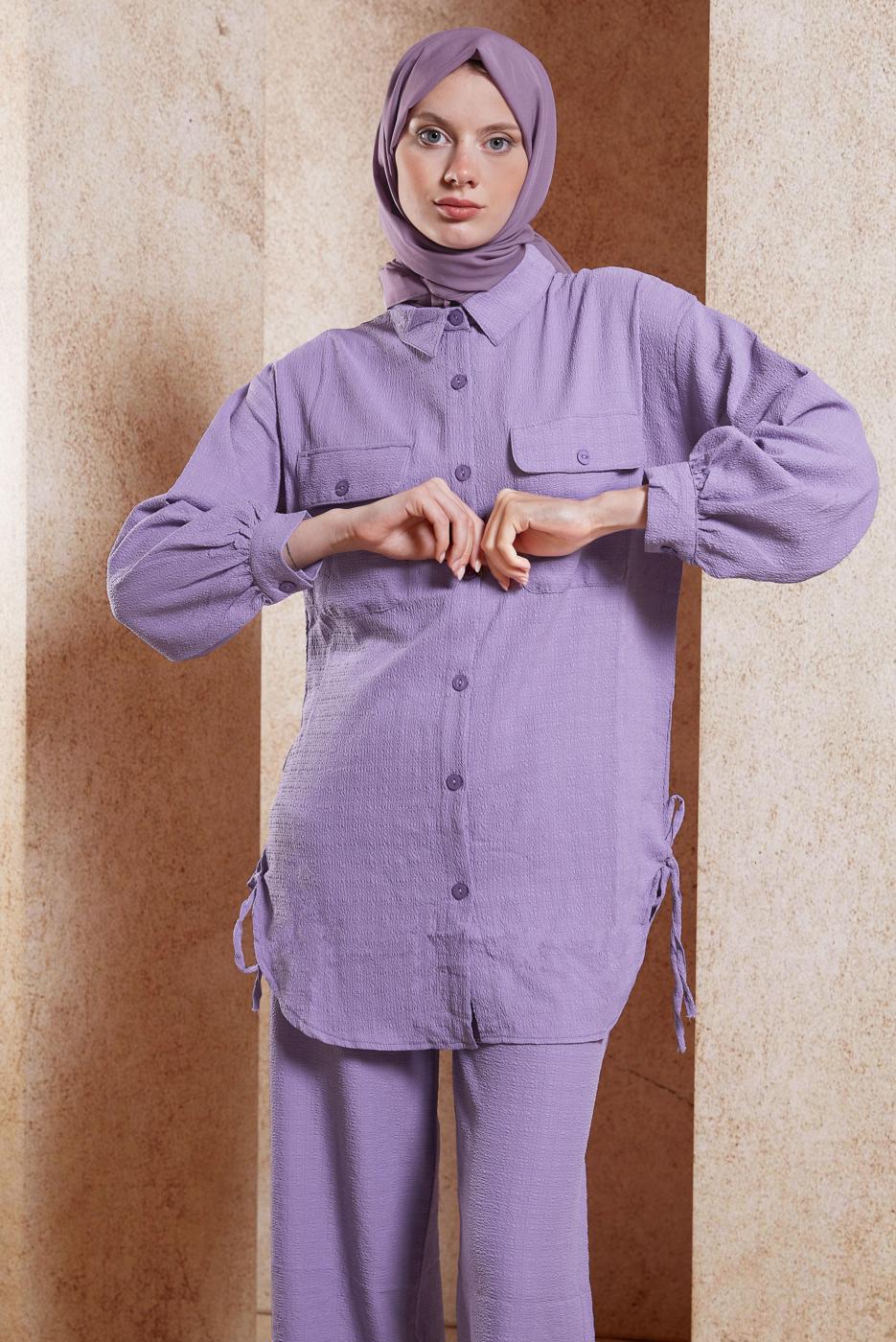 Tesettür giyim MOR GÖMLEK YAKA PANTOLONLU TAKIM T 5991