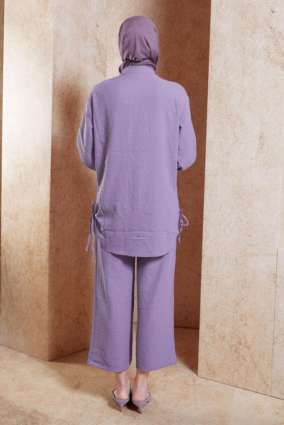 Tesettür giyim MOR GÖMLEK YAKA PANTOLONLU TAKIM T 5991