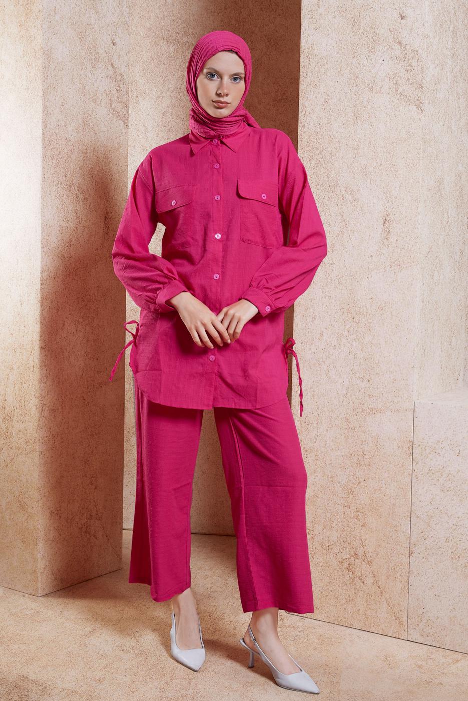 Tesettür giyim FUŞYA GÖMLEK YAKA PANTOLONLU TAKIM T 5991