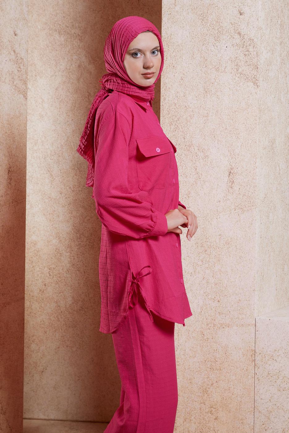 Tesettür giyim FUŞYA GÖMLEK YAKA PANTOLONLU TAKIM T 5991