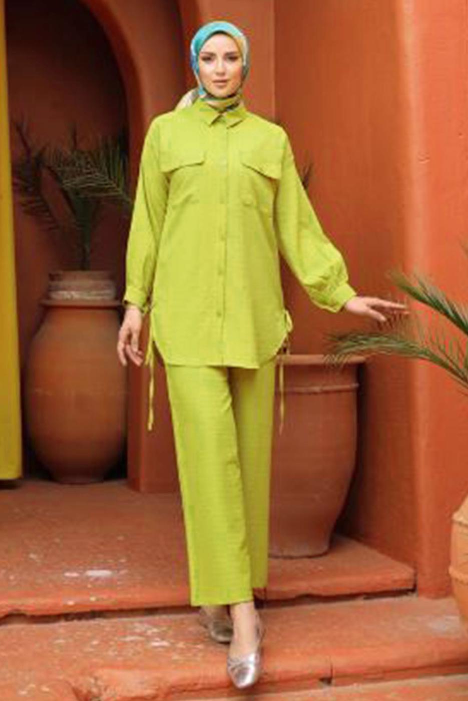 Tesettür giyim YEŞİL GÖMLEK YAKA PANTOLONLU TAKIM T 5991