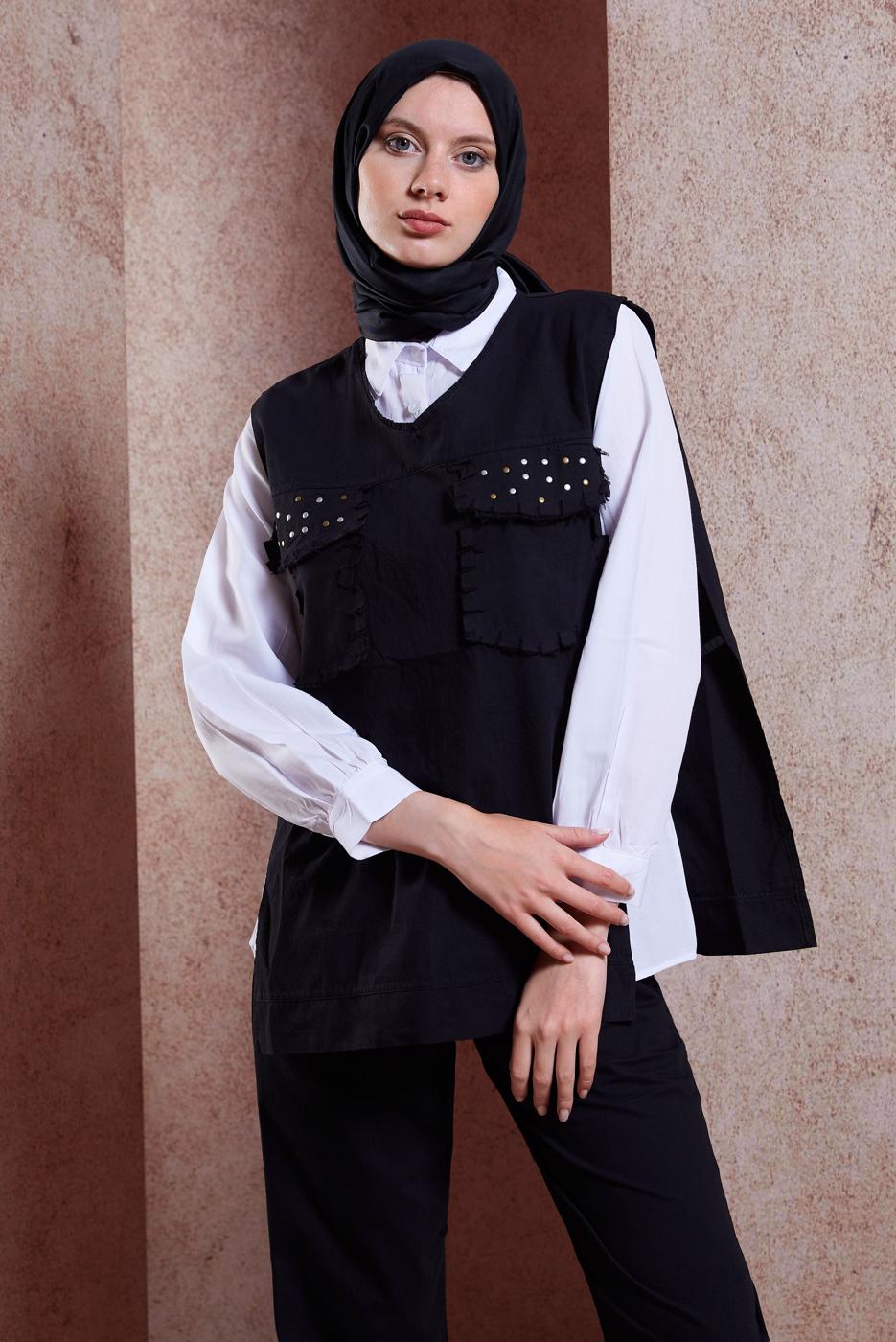 Tesettür giyim SİYAH ZIMBA DETAYLI ÜÇLÜ PANTOLONLU TAKIM T 6091