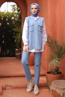 Tesettür giyim MAVİ ZIMBA DETAYLI ÜÇLÜ PANTOLONLU TAKIM T 6091