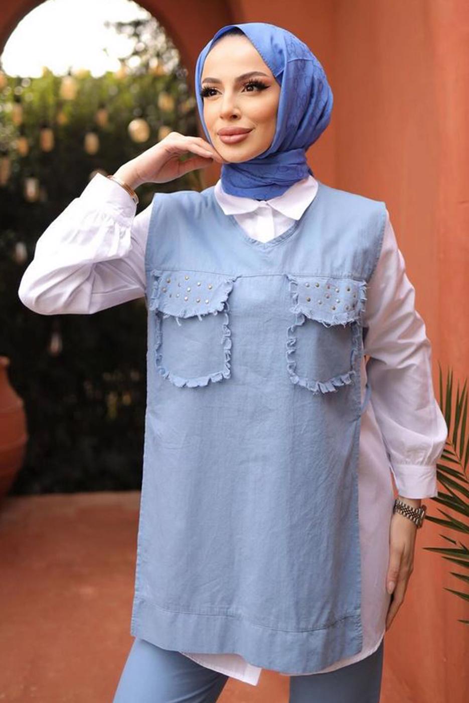 Tesettür giyim MAVİ ZIMBA DETAYLI ÜÇLÜ PANTOLONLU TAKIM T 6091