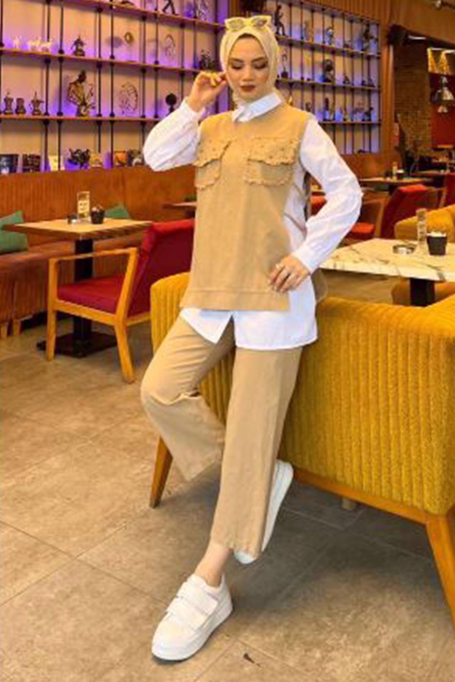 Tesettür giyim BEJ ZIMBA DETAYLI ÜÇLÜ PANTOLONLU TAKIM T 6091