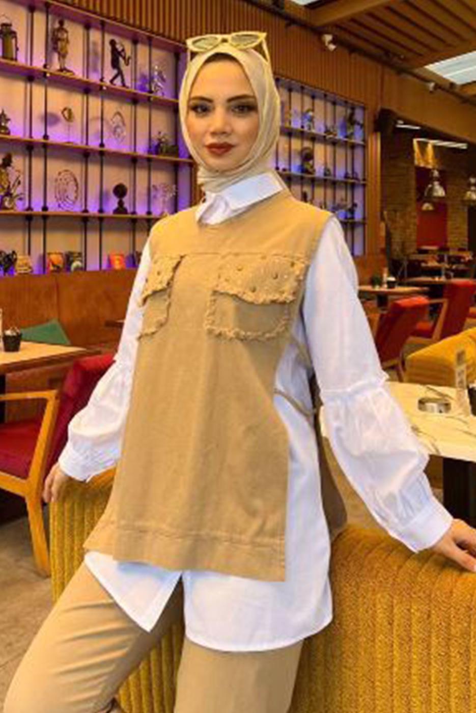 Tesettür giyim BEJ ZIMBA DETAYLI ÜÇLÜ PANTOLONLU TAKIM T 6091