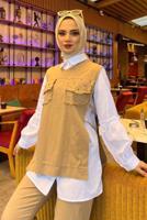 Tesettür giyim BEJ ZIMBA DETAYLI ÜÇLÜ PANTOLONLU TAKIM T 6091