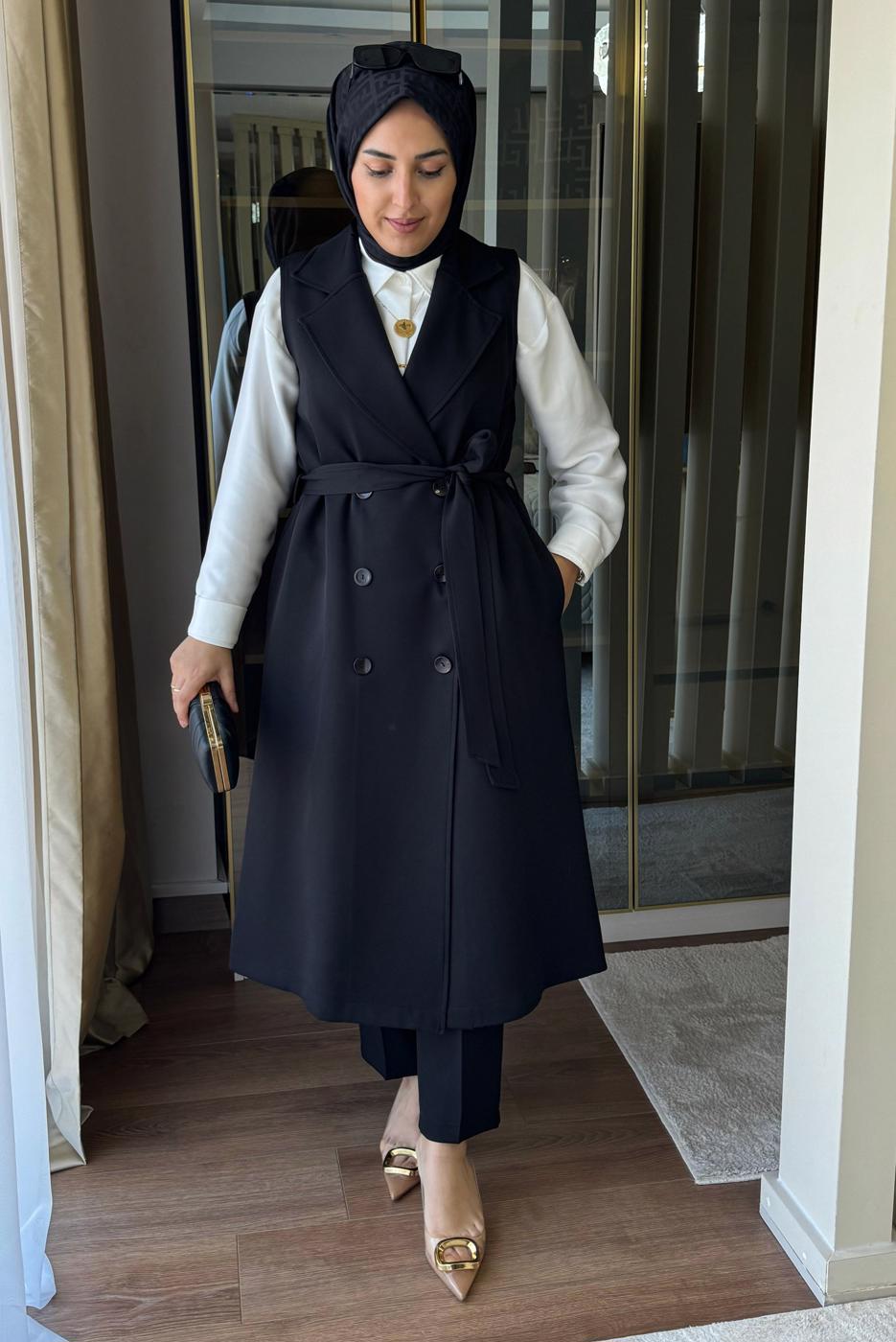 Vêtements hijab NOIR COSTUME PANTALON CEINTURE AVEC GILET T 6135