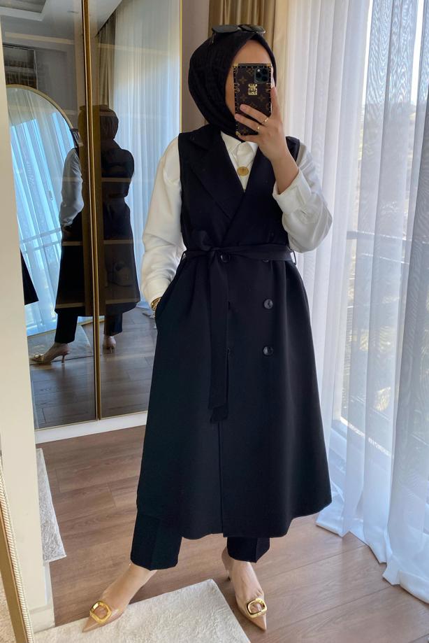 Tesettür giyim SİYAH KUŞAKLI YELEKLİ PANTOLONLU TAKIM T 6135 - TRENDTESETTÜR