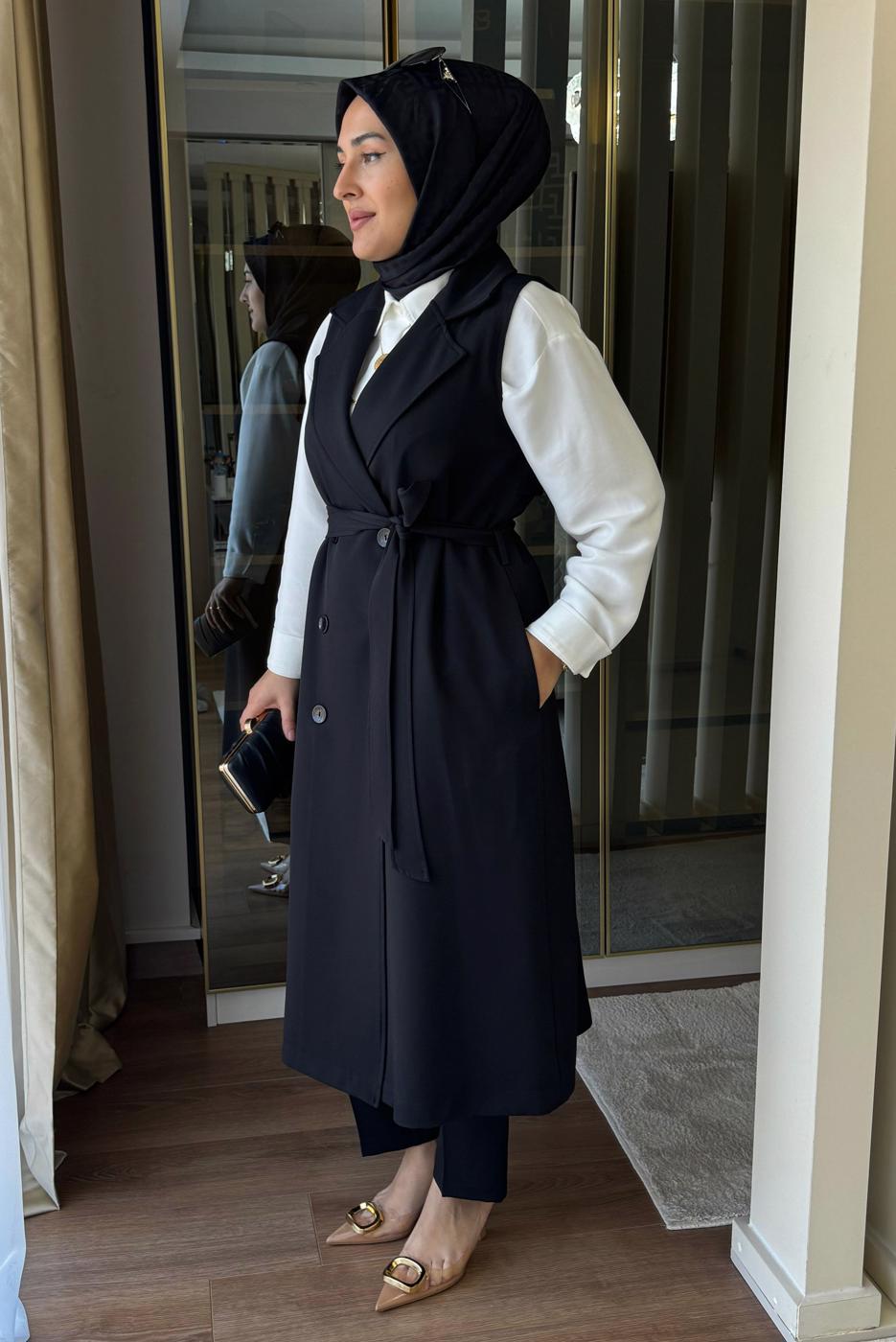 Vêtements hijab NOIR COSTUME PANTALON CEINTURE AVEC GILET T 6135
