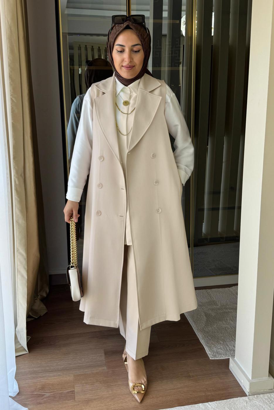 Tesettür giyim BEJ KUŞAKLI YELEKLİ PANTOLONLU TAKIM T 6135