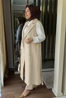Tesettür giyim BEJ KUŞAKLI YELEKLİ PANTOLONLU TAKIM T 6135