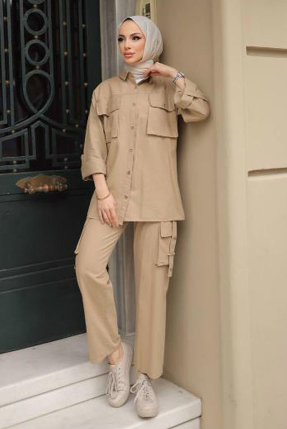 Tesettür giyim BEJ KARGO CEPLİ PANTOLONLU TAKIM T 6191