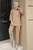 Tesettür giyim BEJ KARGO CEPLİ PANTOLONLU TAKIM T 6191