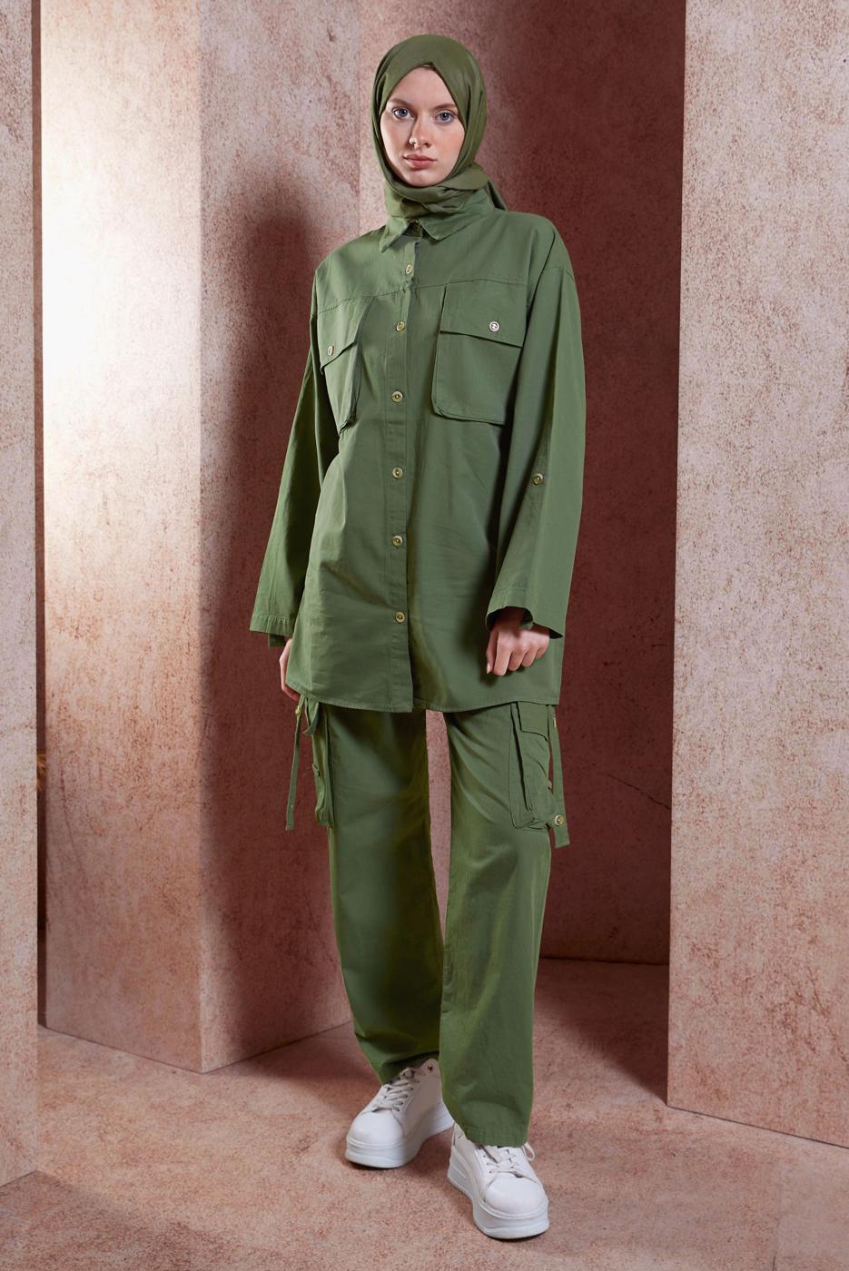 Tesettür giyim HAKİ KARGO CEPLİ PANTOLONLU TAKIM T 6191