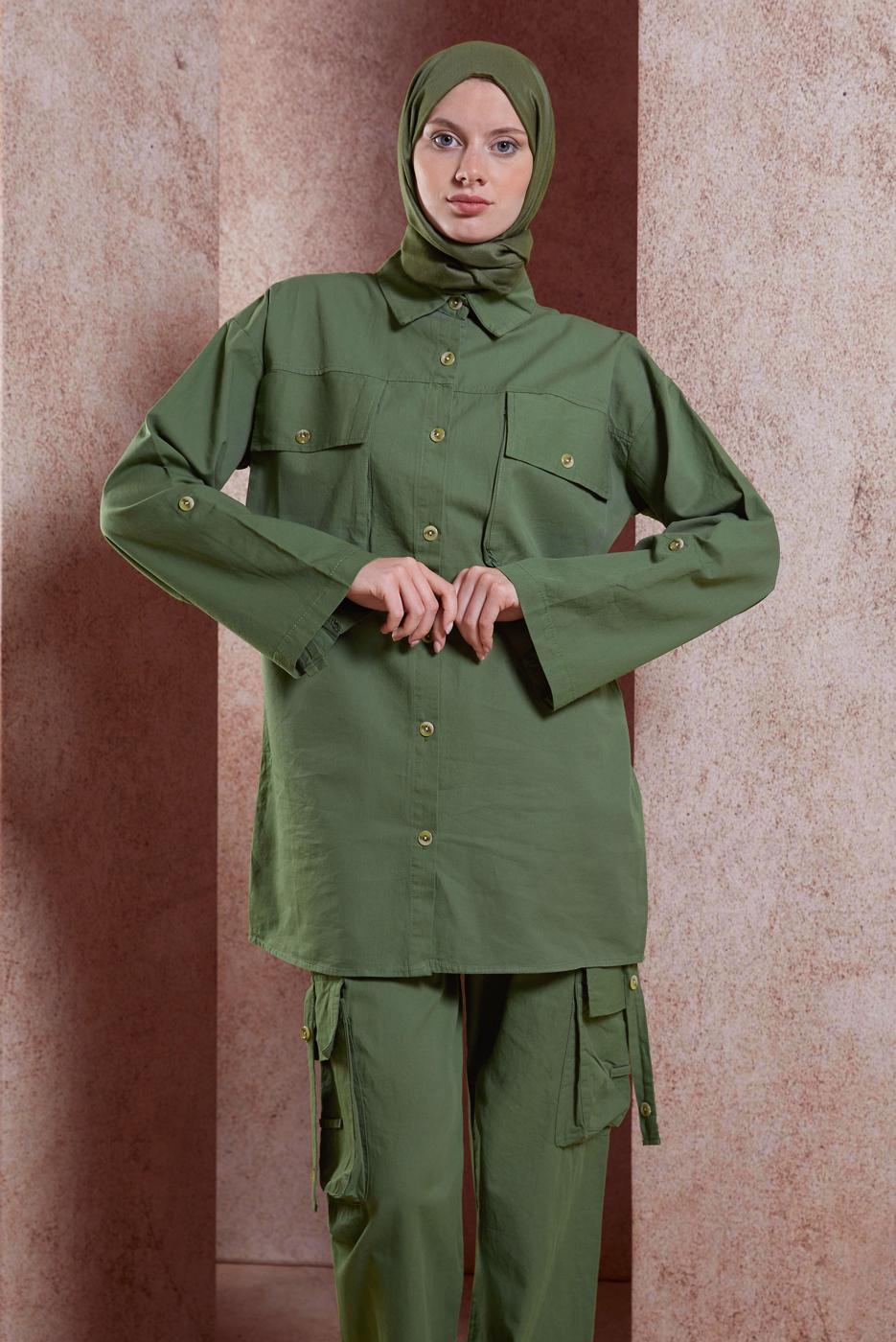 Tesettür giyim HAKİ KARGO CEPLİ PANTOLONLU TAKIM T 6191