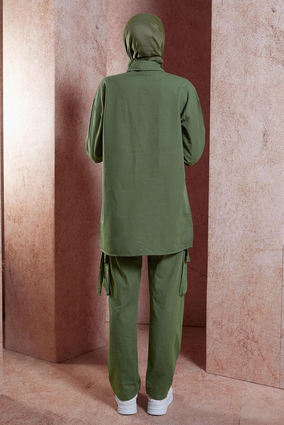 Tesettür giyim HAKİ KARGO CEPLİ PANTOLONLU TAKIM T 6191