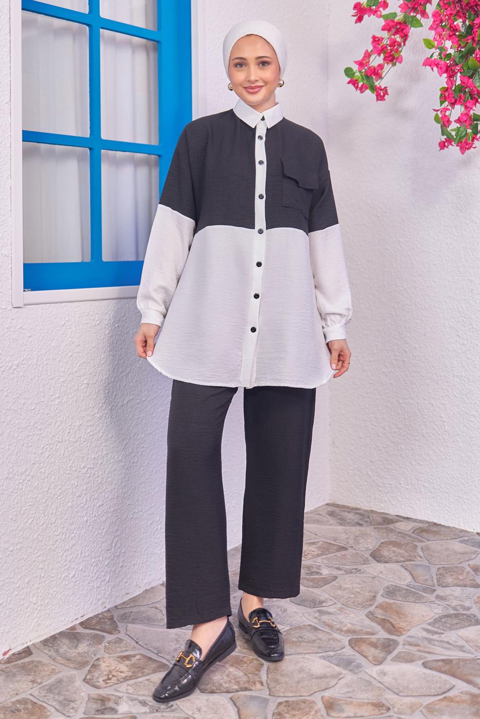 Tesettür giyim SİYAH İKİ RENKLİ PANTOLONLU TAKIM T 6193