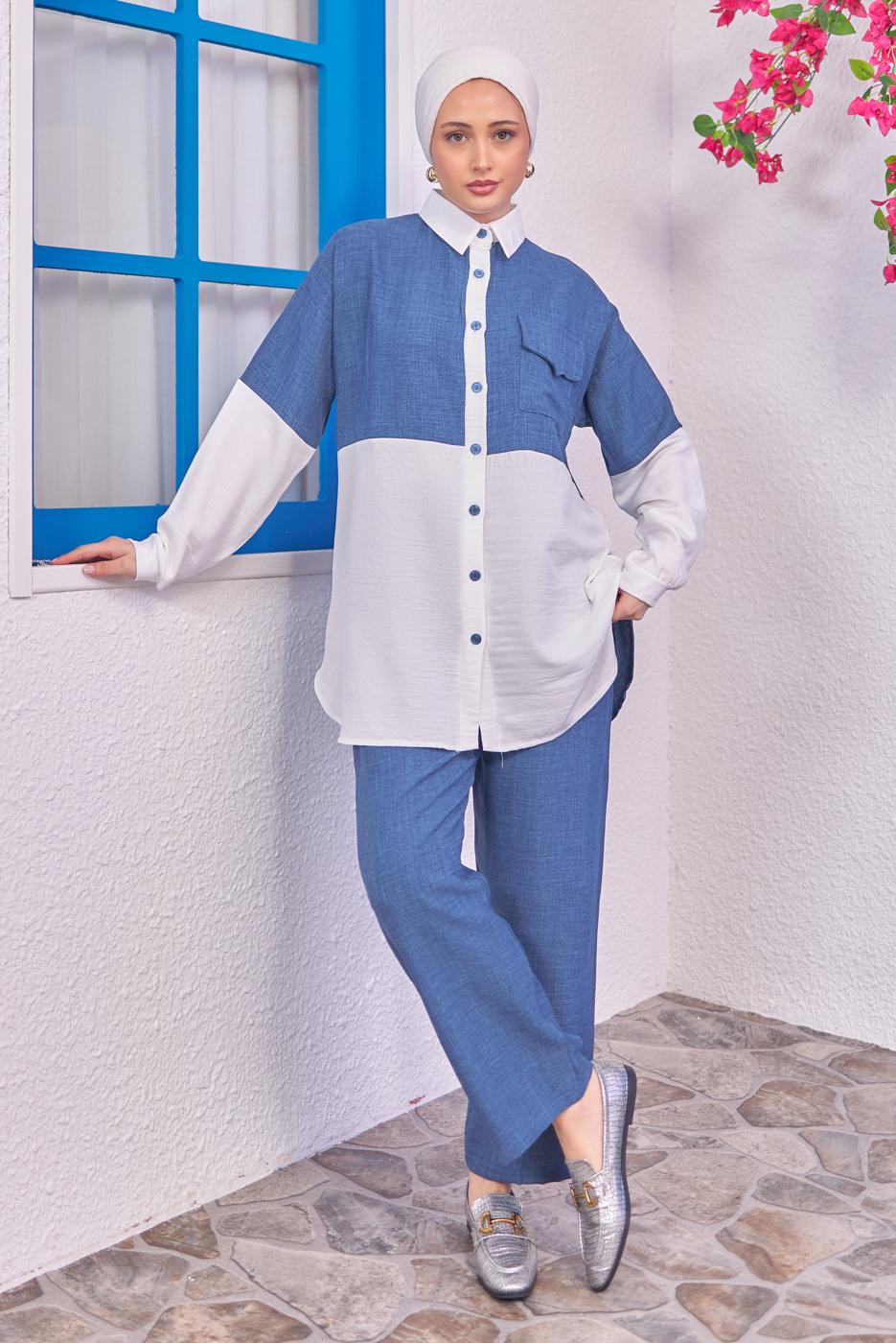 Tesettür giyim LACİVERT İKİ RENKLİ PANTOLONLU TAKIM T 6193