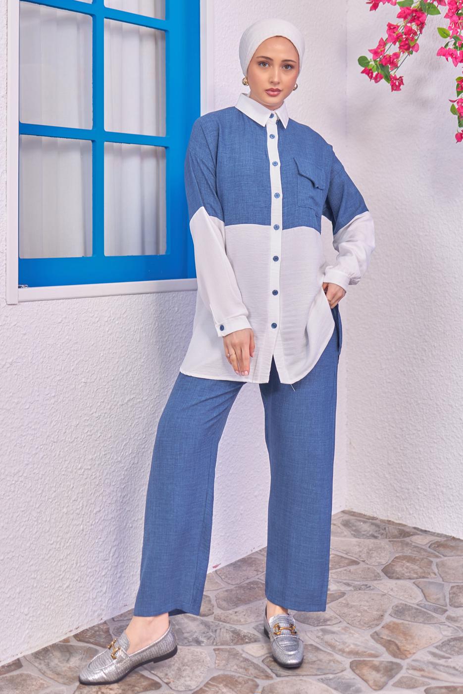 Tesettür giyim LACİVERT İKİ RENKLİ PANTOLONLU TAKIM T 6193