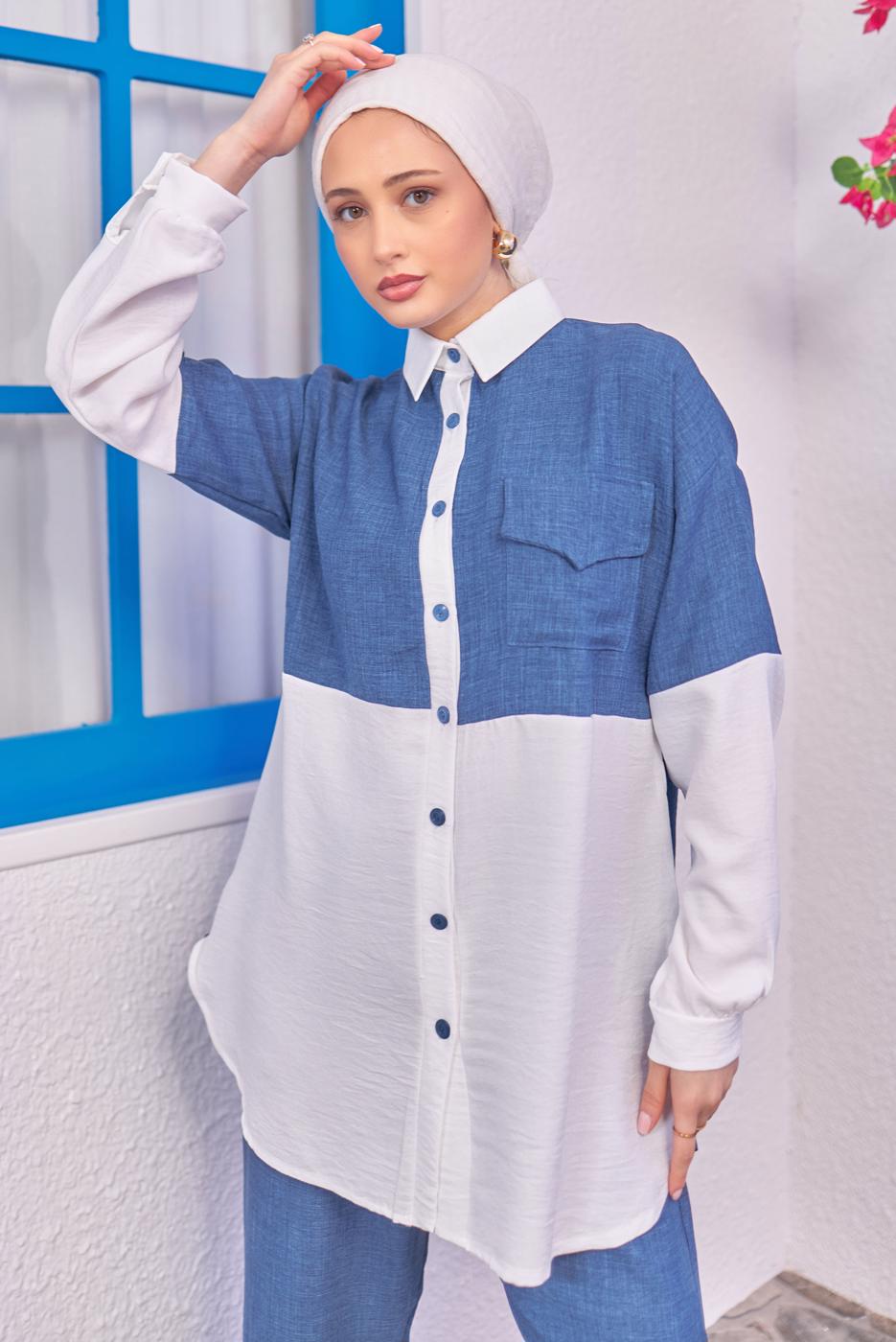 Tesettür giyim LACİVERT İKİ RENKLİ PANTOLONLU TAKIM T 6193