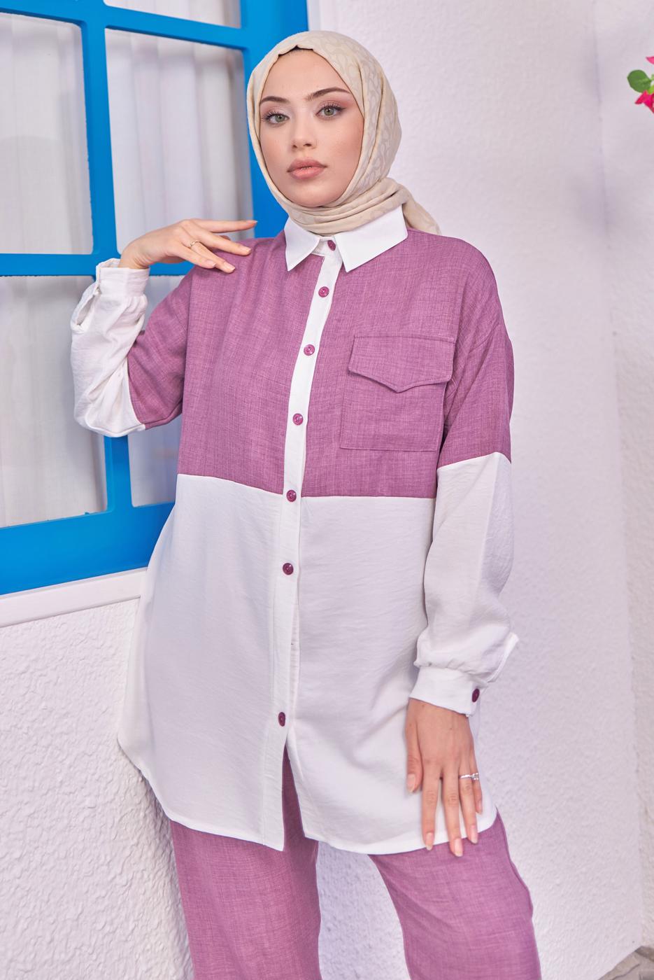 Tesettür giyim PEMBE İKİ RENKLİ PANTOLONLU TAKIM T 6193